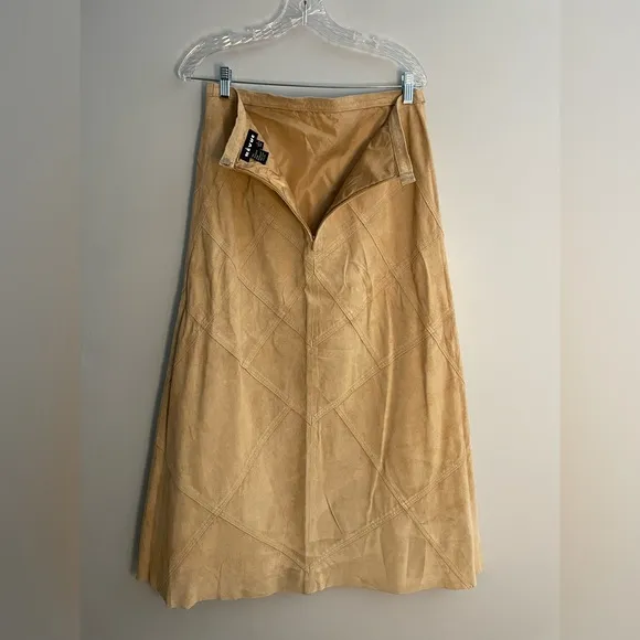 Vintage Revue Tan Leather Women’s Midi Skirt Size 12 Beige A-Line Lined Diamond