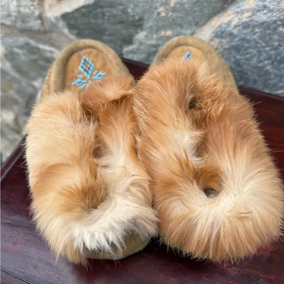 Vintage Suede &amp; Rabbit Fur Trim Beaded Moccasins