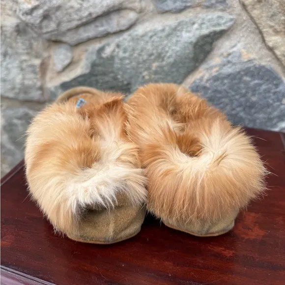 Vintage Suede &amp; Rabbit Fur Trim Beaded Moccasins