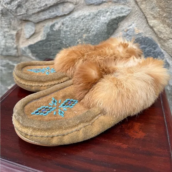 Vintage Suede &amp; Rabbit Fur Trim Beaded Moccasins