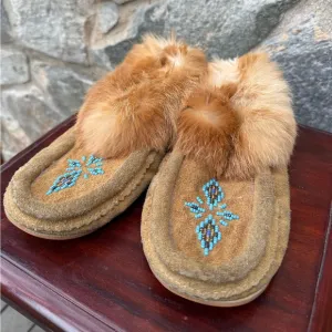 Vintage Suede &amp; Rabbit Fur Trim Beaded Moccasins