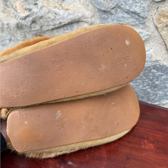 Vintage Suede &amp; Rabbit Fur Trim Beaded Moccasins
