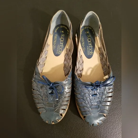 VINTAGE SUGARFOOTS WOVEN LEATHER LACE UP FLATS BRAZIL SIZE 6 VTG RETRO 70S/80S