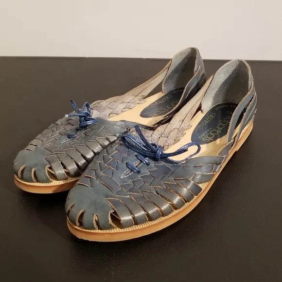 VINTAGE SUGARFOOTS WOVEN LEATHER LACE UP FLATS BRAZIL SIZE 6 VTG RETRO 70S/80S