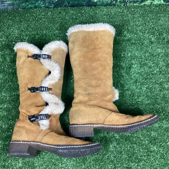 Vintage Tan Leather Tall Hook Latch Winter Boots 10.5