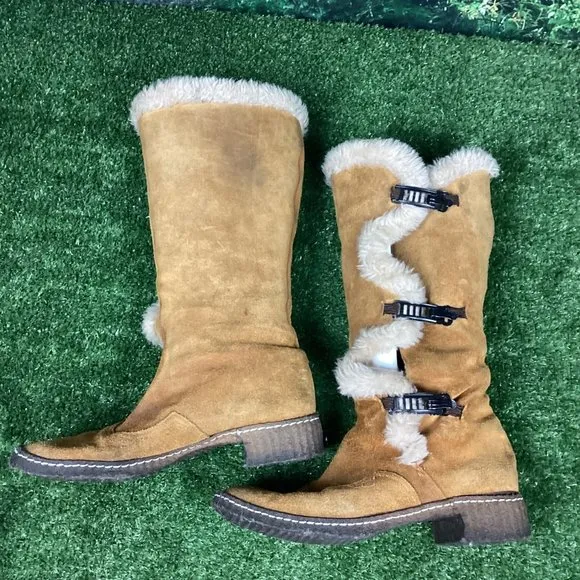 Vintage Tan Leather Tall Hook Latch Winter Boots 10.5