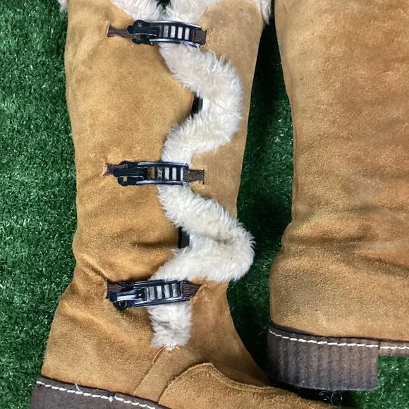 Vintage Tan Leather Tall Hook Latch Winter Boots 10.5