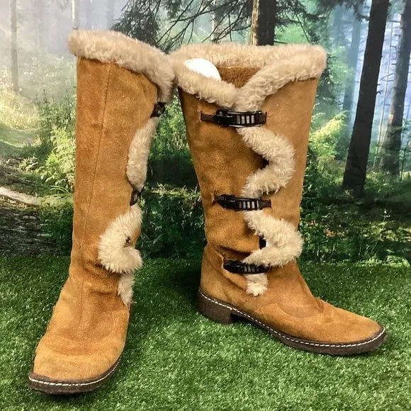 Vintage Tan Leather Tall Hook Latch Winter Boots 10.5