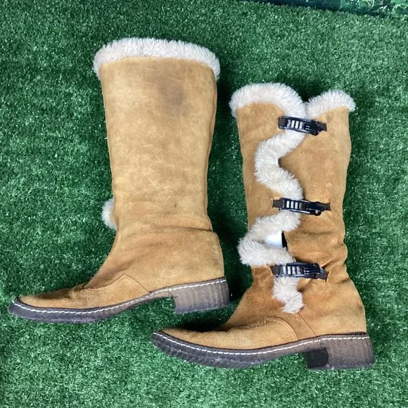 Vintage Tan Leather Tall Hook Latch Winter Boots 10.5