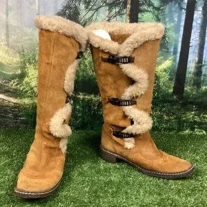 Vintage Tan Leather Tall Hook Latch Winter Boots 10.5