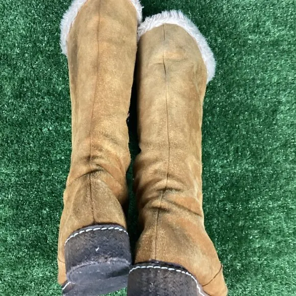 Vintage Tan Leather Tall Hook Latch Winter Boots 10.5