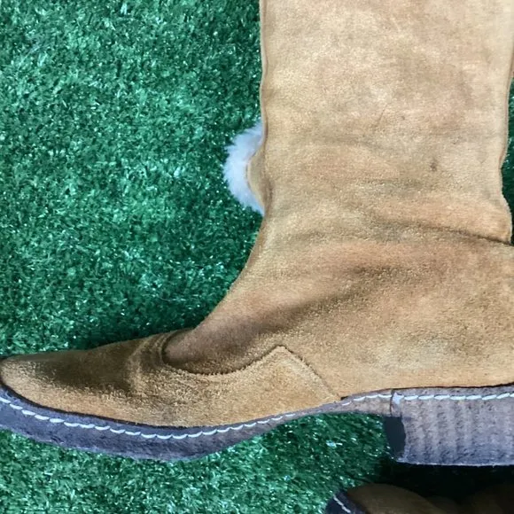 Vintage Tan Leather Tall Hook Latch Winter Boots 10.5