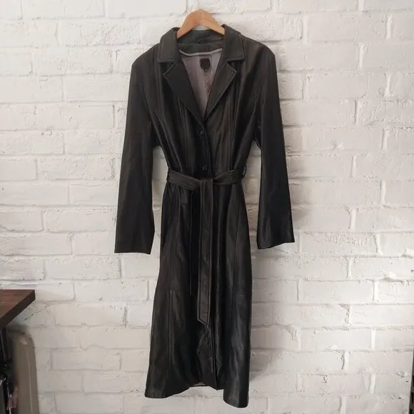 Vintage Wilsons Authentic Leather Long Coat Womens Large Black Belted Duster