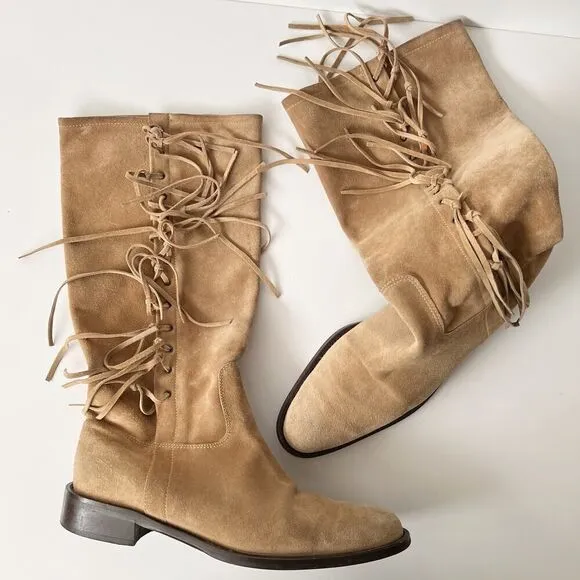 Vintage y2k Coach Fringe Boots Knee High Tall Western Riding Cowgirl Suede Tan