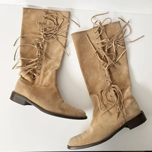 Vintage y2k Coach Fringe Boots Knee High Tall Western Riding Cowgirl Suede Tan