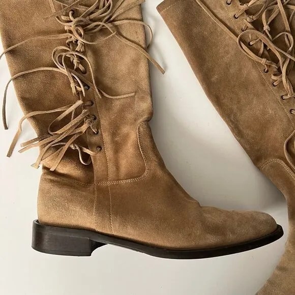 Vintage y2k Coach Fringe Boots Knee High Tall Western Riding Cowgirl Suede Tan