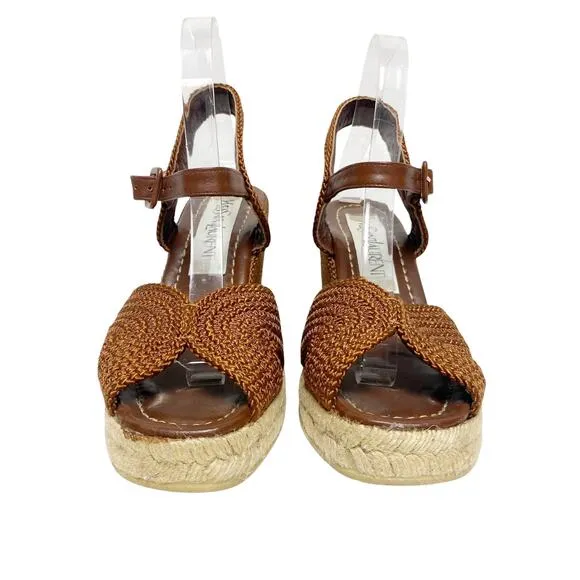 Vintage Yves Saint Laurent Womens Size 9.5 Brown Woven Espadrille Wedges