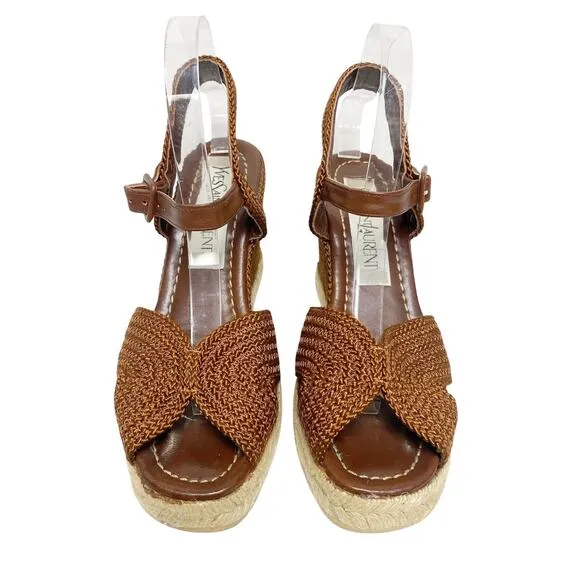 Vintage Yves Saint Laurent Womens Size 9.5 Brown Woven Espadrille Wedges