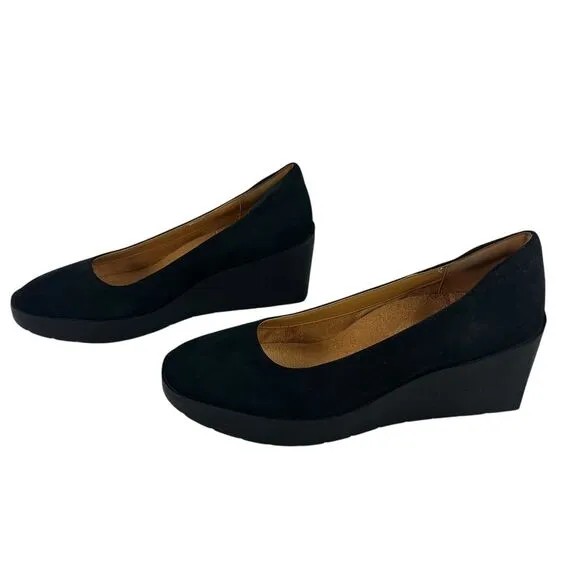 Vionic‎ Soreno Nubuck Wedge Heels Slip On Close Toe Black Womens Shoes 7
