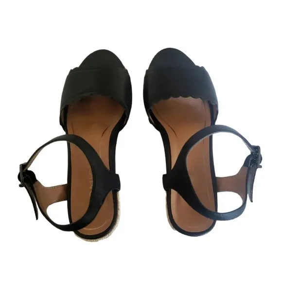 Vionic Stephany Black Leather Espadrille Wedges Women's Size 5