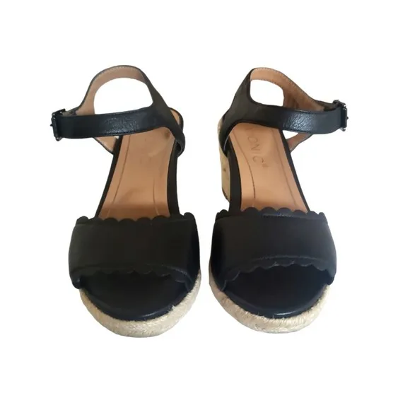 Vionic Stephany Black Leather Espadrille Wedges Women's Size 5