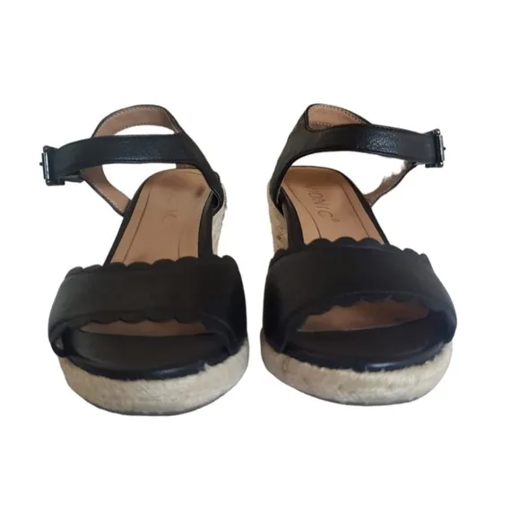 Vionic Stephany Black Leather Espadrille Wedges Women's Size 5