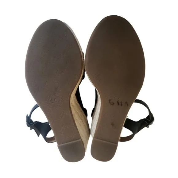 Vionic Stephany Black Leather Espadrille Wedges Women's Size 5