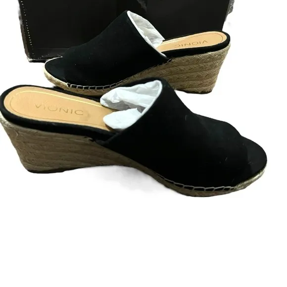 Vionic women’s black suede mules/slip-on wedges Sz 10