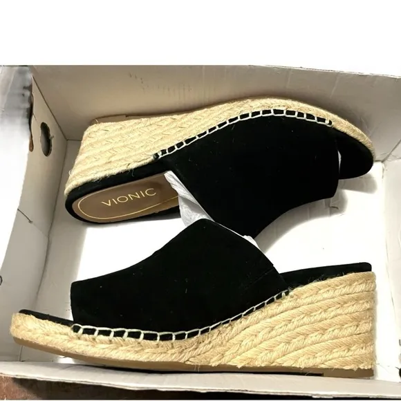 Vionic women’s black suede mules/slip-on wedges Sz 10