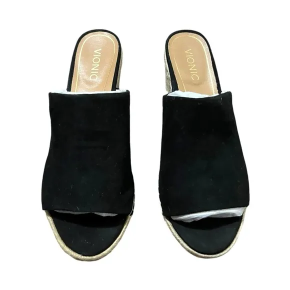 Vionic women’s black suede mules/slip-on wedges Sz 10