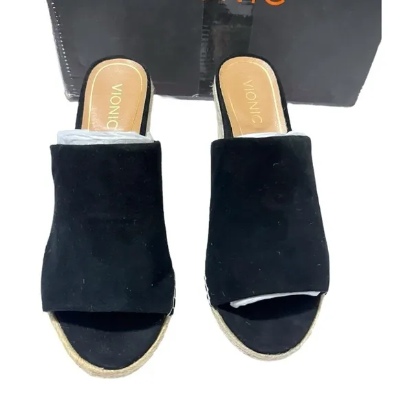 Vionic women’s black suede mules/slip-on wedges Sz 10