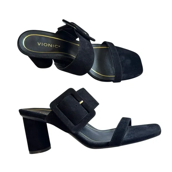VIONIC Women's Size 7.5 Brookell Block Heeled Slide Sandals Black Suede
