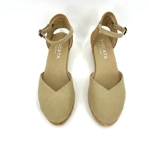 VISCATA Barcelona Beige Pubol Canvas Espadrille Ankle Strap Low Wedges Size 10