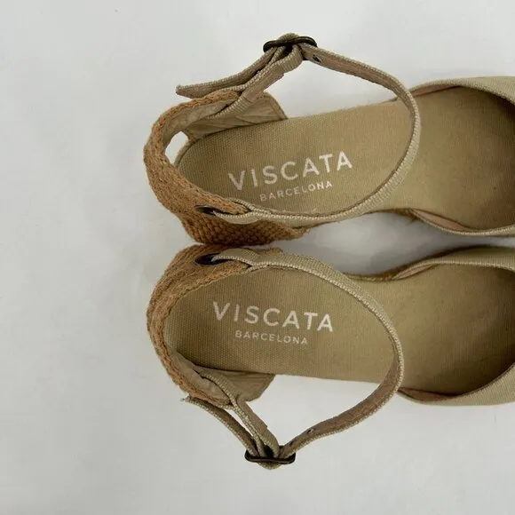 VISCATA Barcelona Beige Pubol Canvas Espadrille Ankle Strap Low Wedges Size 10