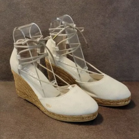 VISCATA Barcelona Espadrille Aro Lace Up Beige Canvas Wedges