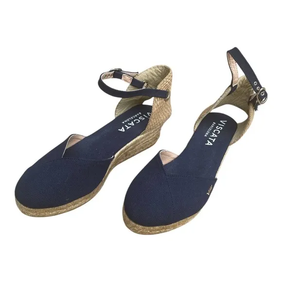 Viscata Pubol Espadrille Wedges Size 9 EU40  Navy Blue Canvas Main in Spain