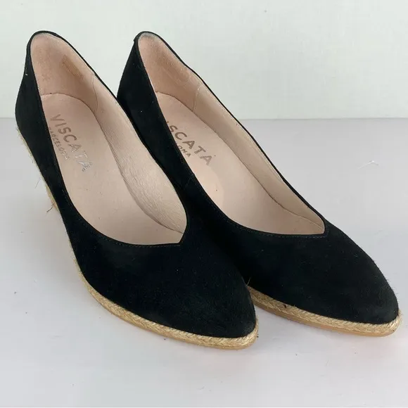 Viscata Roses Suede V Shaped Pointed Toe Espadrille Wedge Shoes Sz 40 EU Black