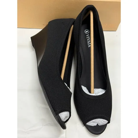 VIVAIA Peep Toe Wedge Heel Pumps Comfortable Black Shoes Size EU/41.5 US/10