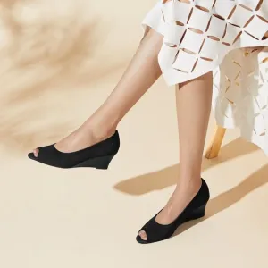 VIVAIA Peep Toe Wedge Heel Pumps Comfortable Black Shoes Size EU/41.5 US/10