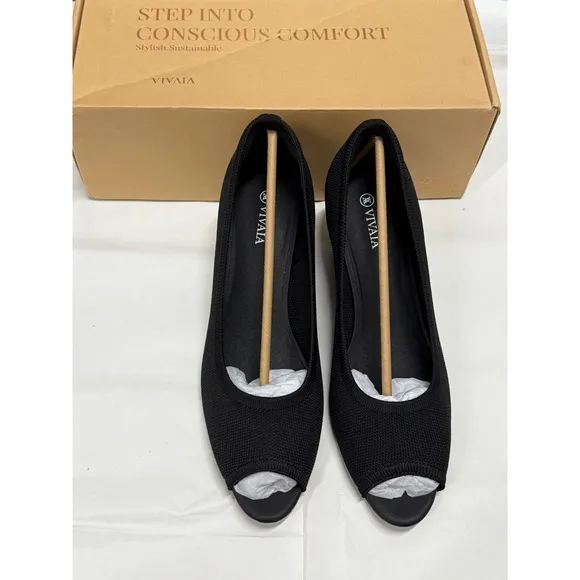 VIVAIA Peep Toe Wedge Heel Pumps Comfortable Black Shoes Size EU/41.5 US/10