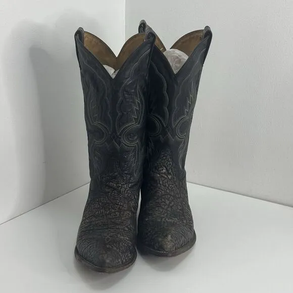 VTG 80s Tony Lama Shrunken Shoulder Bull Cowboy Boots Mens Black Leather 10 D