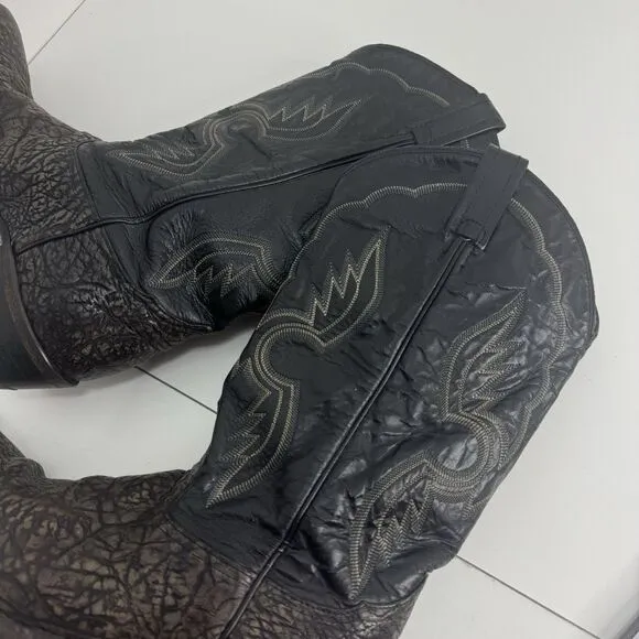 VTG 80s Tony Lama Shrunken Shoulder Bull Cowboy Boots Mens Black Leather 10 D