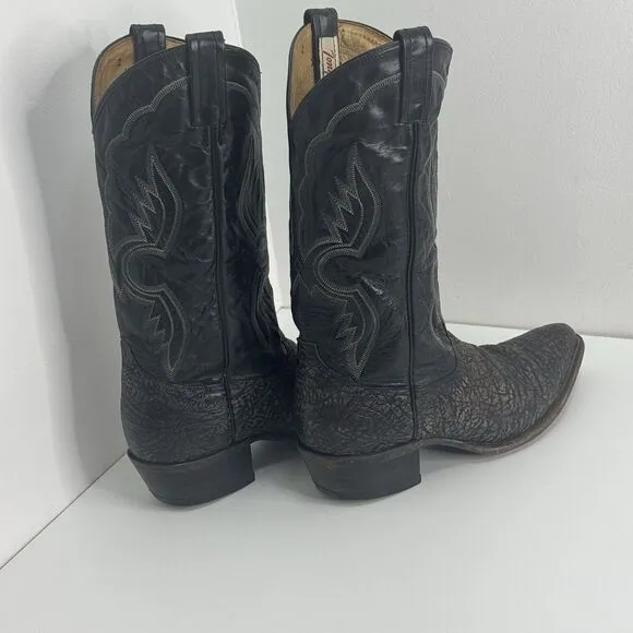 VTG 80s Tony Lama Shrunken Shoulder Bull Cowboy Boots Mens Black Leather 10 D