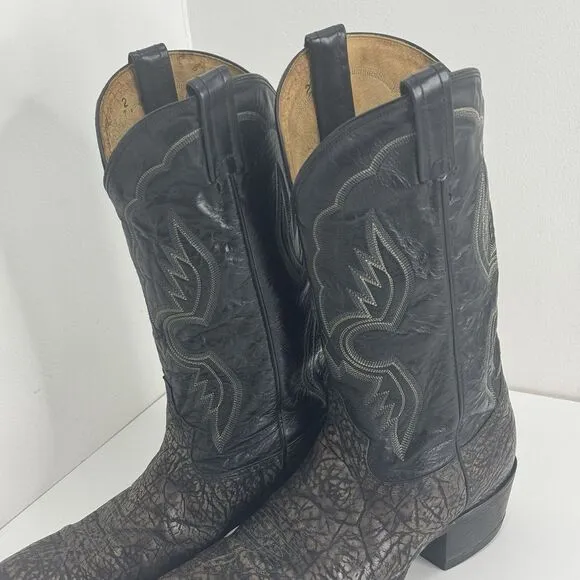 VTG 80s Tony Lama Shrunken Shoulder Bull Cowboy Boots Mens Black Leather 10 D