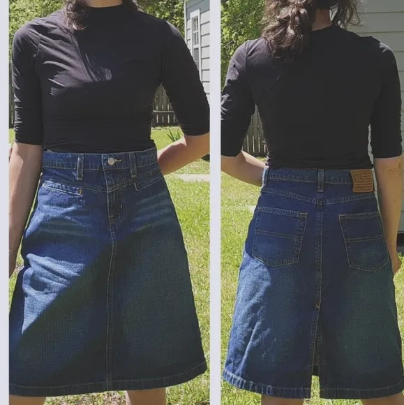 Vtg 90s Y2K Polo Ralph Lauren Knee Length Denim Skirt Women Sz 2 Flag Logo