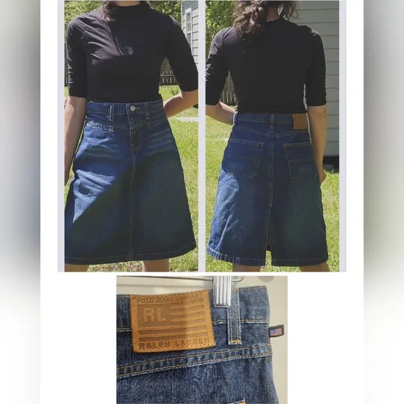 Vtg 90s Y2K Polo Ralph Lauren Knee Length Denim Skirt Women Sz 2 Flag Logo