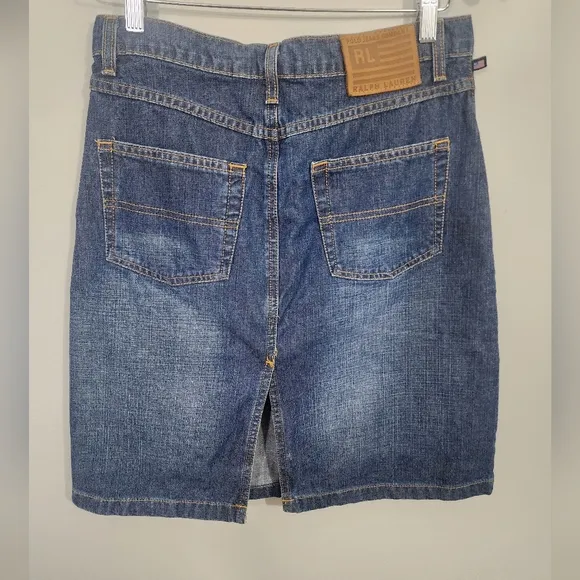 Vtg 90s Y2K Polo Ralph Lauren Knee Length Denim Skirt Women Sz 2 Flag Logo
