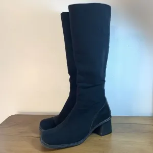 VTG Aquatalia Y2K Black Heeled Square Toe Boots Womens 6.5 Made in Italy Zipper