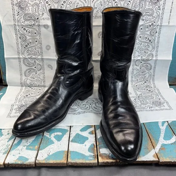 VTG Justin Flat Top Short Riding Boots black Leather RARE 3819 Mens Sz 8.5B USA