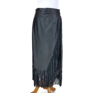 VTG Lariat Genuine Leather Rodeo Western Cowgirl Boho Wrap Black Fringe Skirt 12